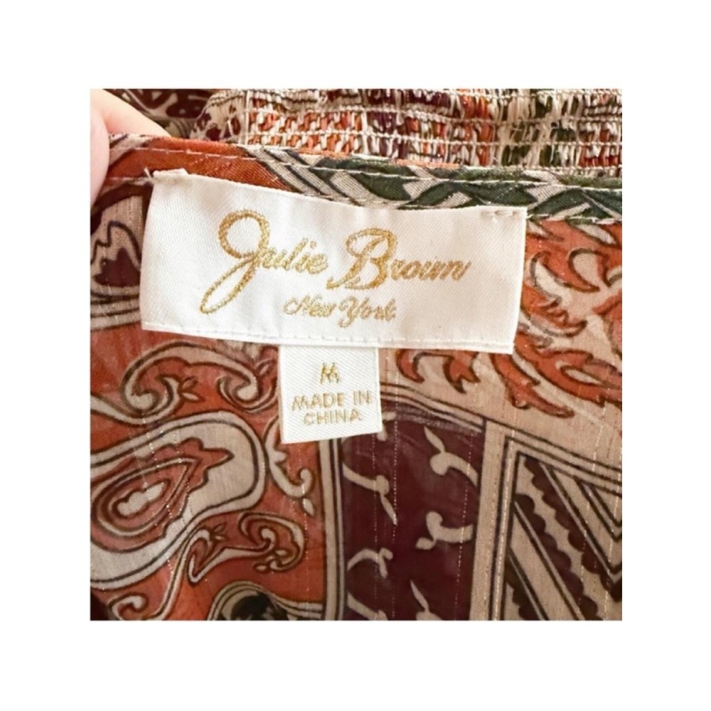 Julie Brown Maxi Dress Womens M Geometric Boho Smocked Metallic Plunge Festival - Picture 6 of 7